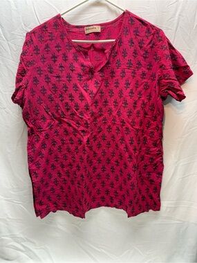 Fabindia 2XL Cotton Pink Floral Print Tunic Top Boho Indian Kurta Blouse
